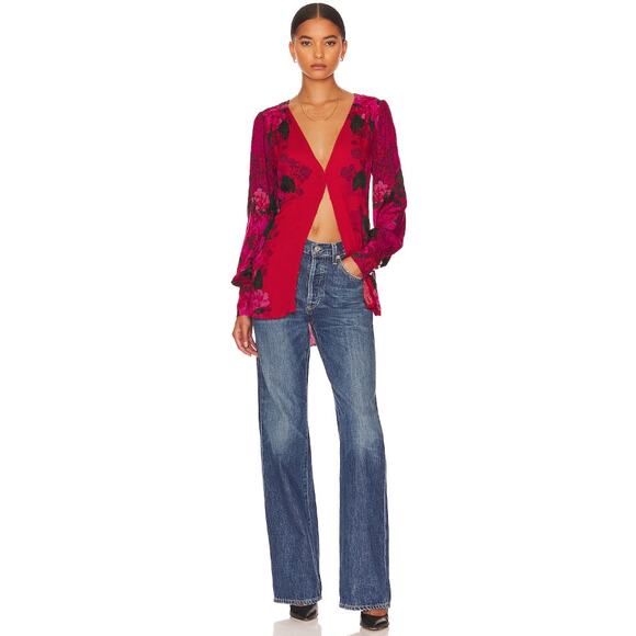 Free People Mikayla Scarlet Combo Red Printed Floral Front Hook Blouson Blouse - Picture 2 of 11